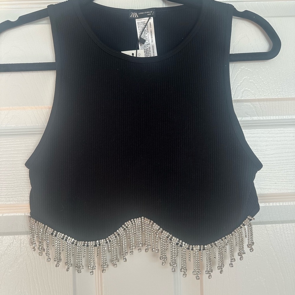 Zara Seamless Limitless Contour Collection. Black Crop Top with Silver Fringe